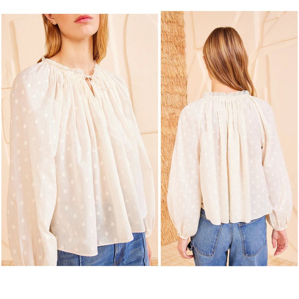 Ulla Johnson Ada Pristine Cotton Dobby Lace Tie Blouse Size 14